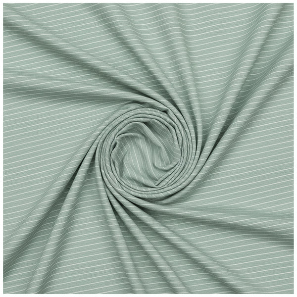 Arvind Tresca Giza Cotton shirt fabric in pista green with white stripe pattern, showcasing soft cotton texture and fabric details.