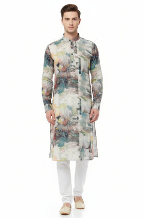 Multicolor Arvind Tresca Giza Cotton digital print shirt fabric showcasing vibrant patterns and soft cotton texture.
