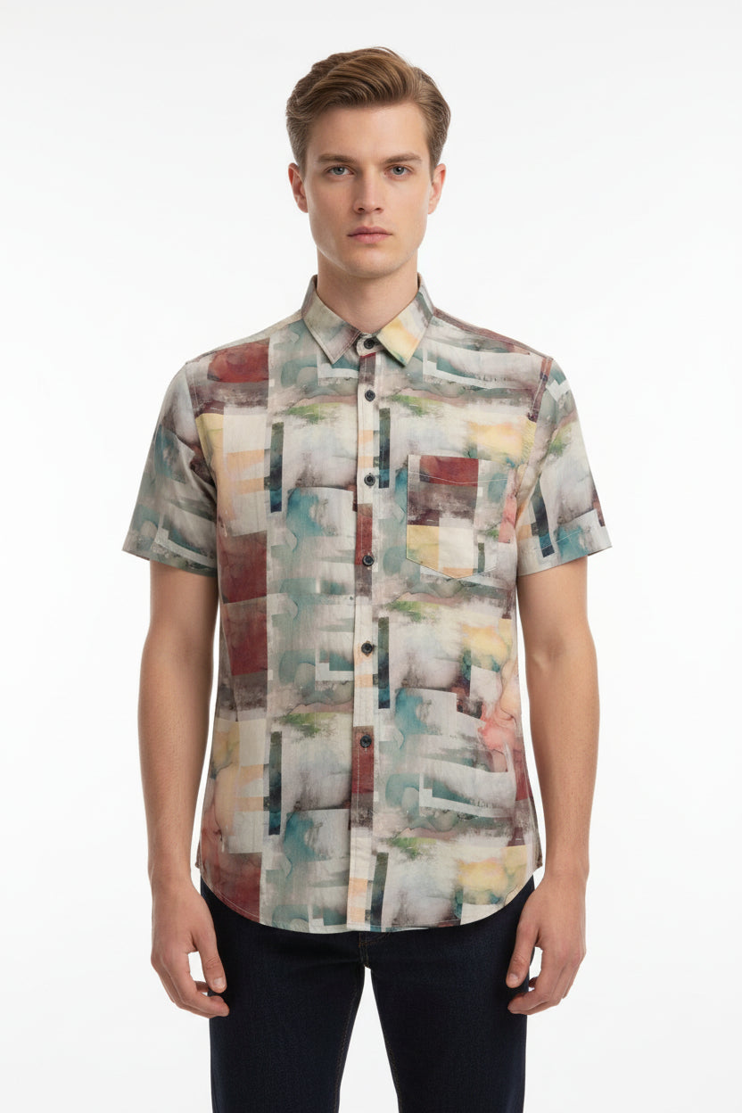 Multicolor Arvind Tresca Giza Cotton fabric with digital print, soft and breathable textile for shirt making.