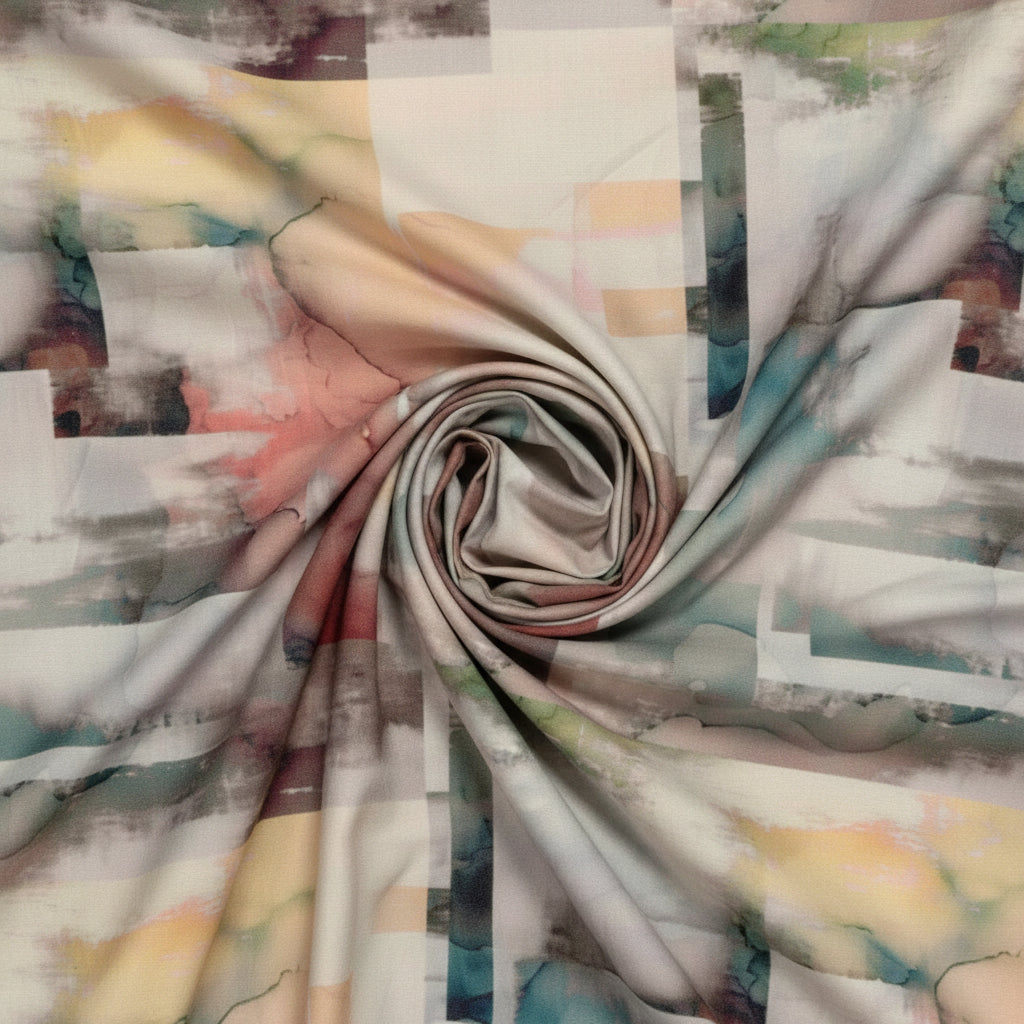 Multicolor Arvind Tresca Giza cotton digital print shirt fabric showing vibrant patterns and soft cotton texture.