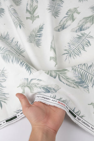 Green multicolor digital print Giza cotton fabric from Arvind Tresca shirt collection, showcasing vibrant textile pattern and texture.