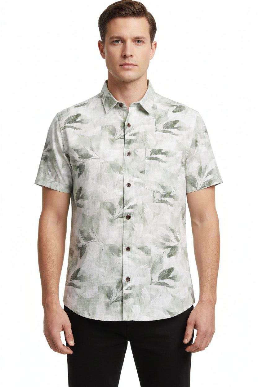 Green Arvind Tresca shirt fabric made from Giza cotton with digital print pattern, showcasing a vibrant and detailed textile design.
