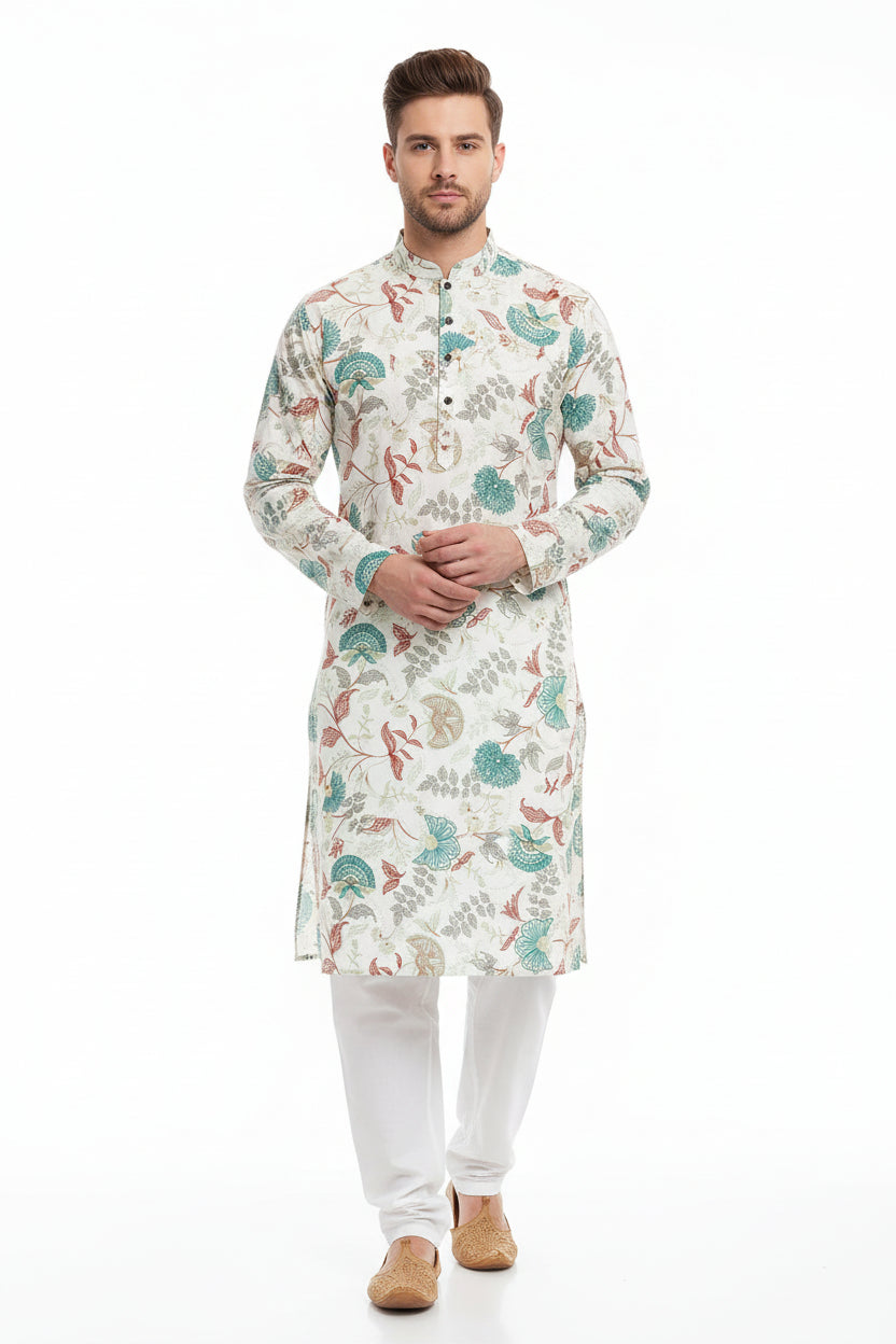 White multicolor digital print Giza cotton fabric from Arvind Tresca shirt fabric collection.