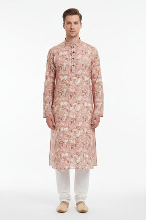 Arvind Tresca Giza Cotton shirt fabric with digital print in peach and multicolor, showcasing the vibrant textile design.
