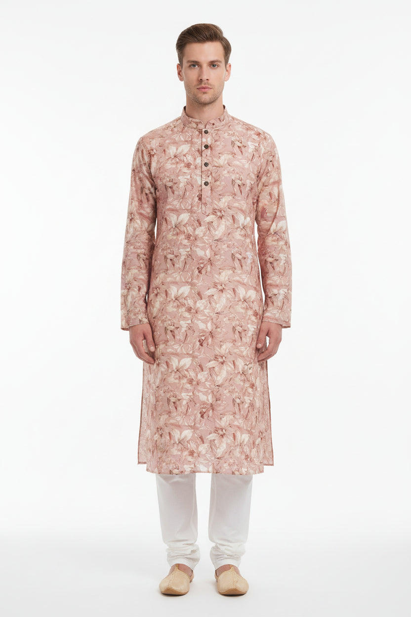 Arvind Tresca Giza Cotton shirt fabric with digital print in peach and multicolor, showcasing the vibrant textile design.