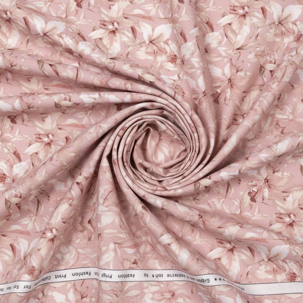 Arvind Tresca Giza Cotton shirt fabric with peach multicolor digital print, showcasing vibrant design and soft cotton texture.