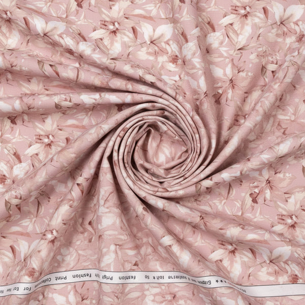 Arvind Tresca Giza Cotton shirt fabric with peach multicolor digital print, showcasing vibrant design and soft cotton texture.