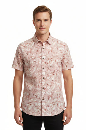 Arvind Tresca Giza Cotton shirt fabric with peach multicolor digital print, showcasing vibrant cotton textile design.
