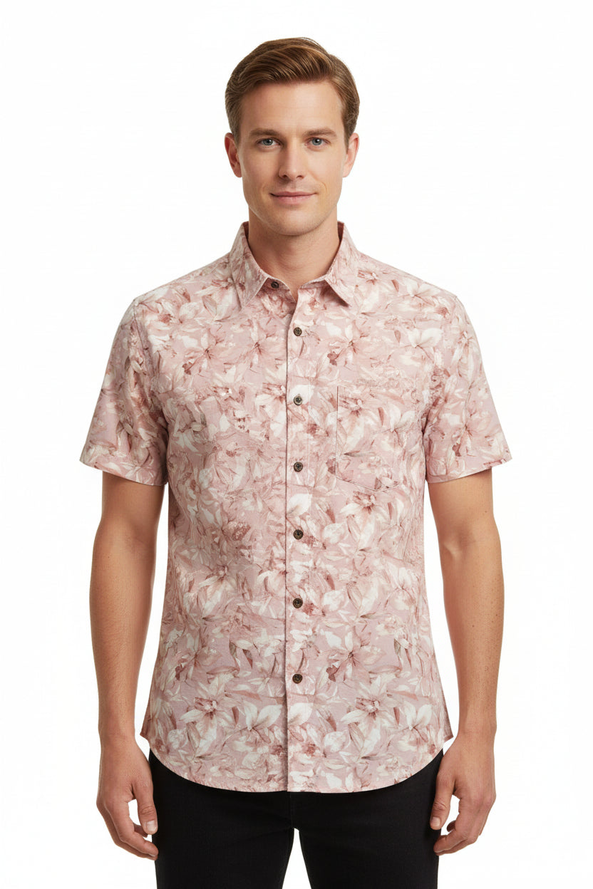 Arvind Tresca Giza Cotton shirt fabric with peach multicolor digital print, showcasing vibrant cotton textile design.