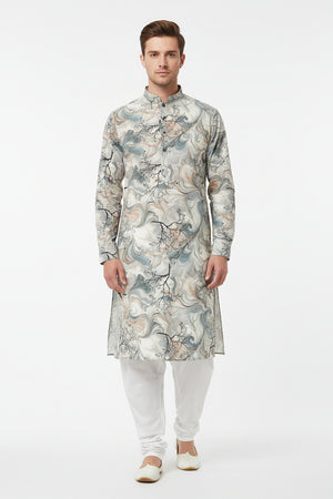 Cream multicolor Arvind Tresca Giza cotton shirt fabric with digital print, showcasing detailed patterns and vibrant colors.