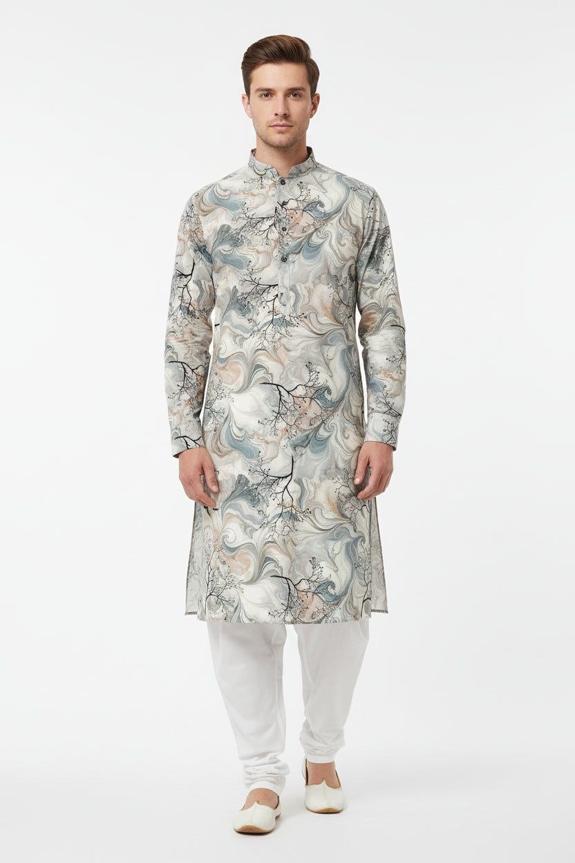 Cream multicolor Arvind Tresca Giza cotton shirt fabric with digital print, showcasing detailed patterns and vibrant colors.