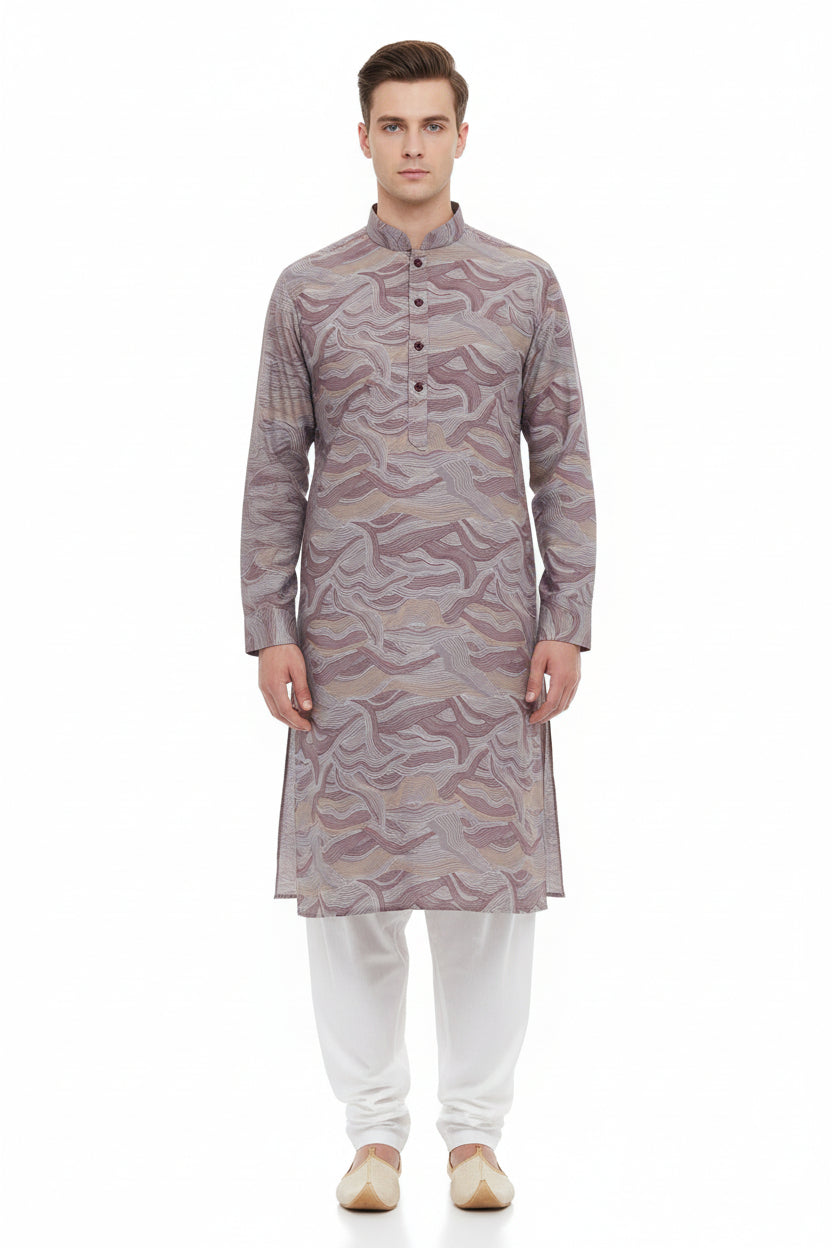 Brown Arvind Tresca Giza cotton shirt fabric with digital print, showcasing intricate pattern and smooth texture.