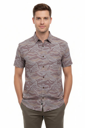 Brown Arvind Tresca Giza Cotton digital print shirt fabric, close-up of the textured Giza cotton with intricate digital print design.