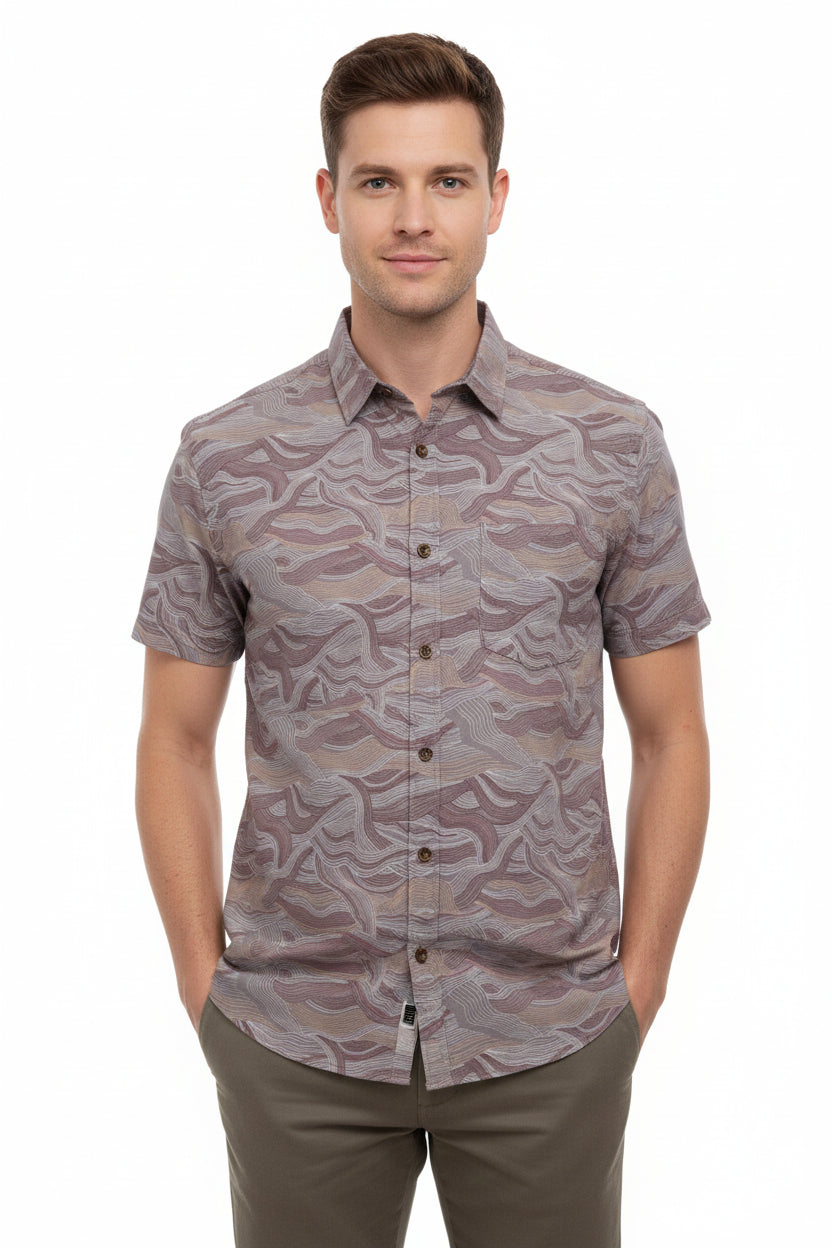 Brown Arvind Tresca Giza Cotton digital print shirt fabric, close-up of the textured Giza cotton with intricate digital print design.