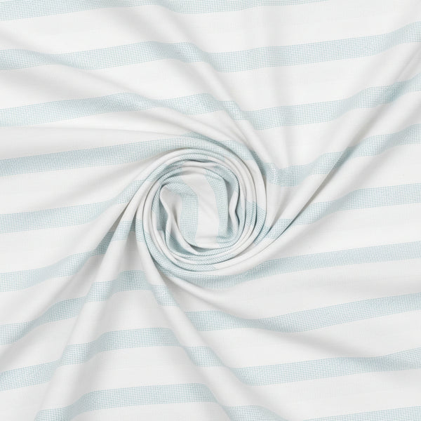 Green and white striped Monti Giza cotton shirt fabric by ARVIND, showing a close-up of the soft, woven textile pattern.