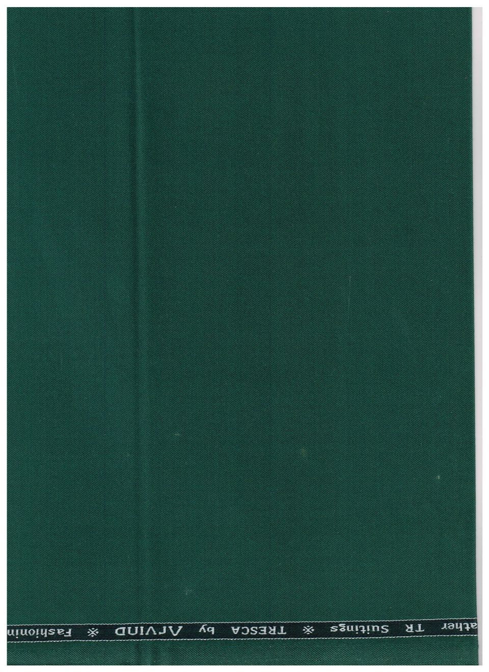 A close-up of a dark green fabric surface with a narrow black band along the top edge containing white text that reads '.