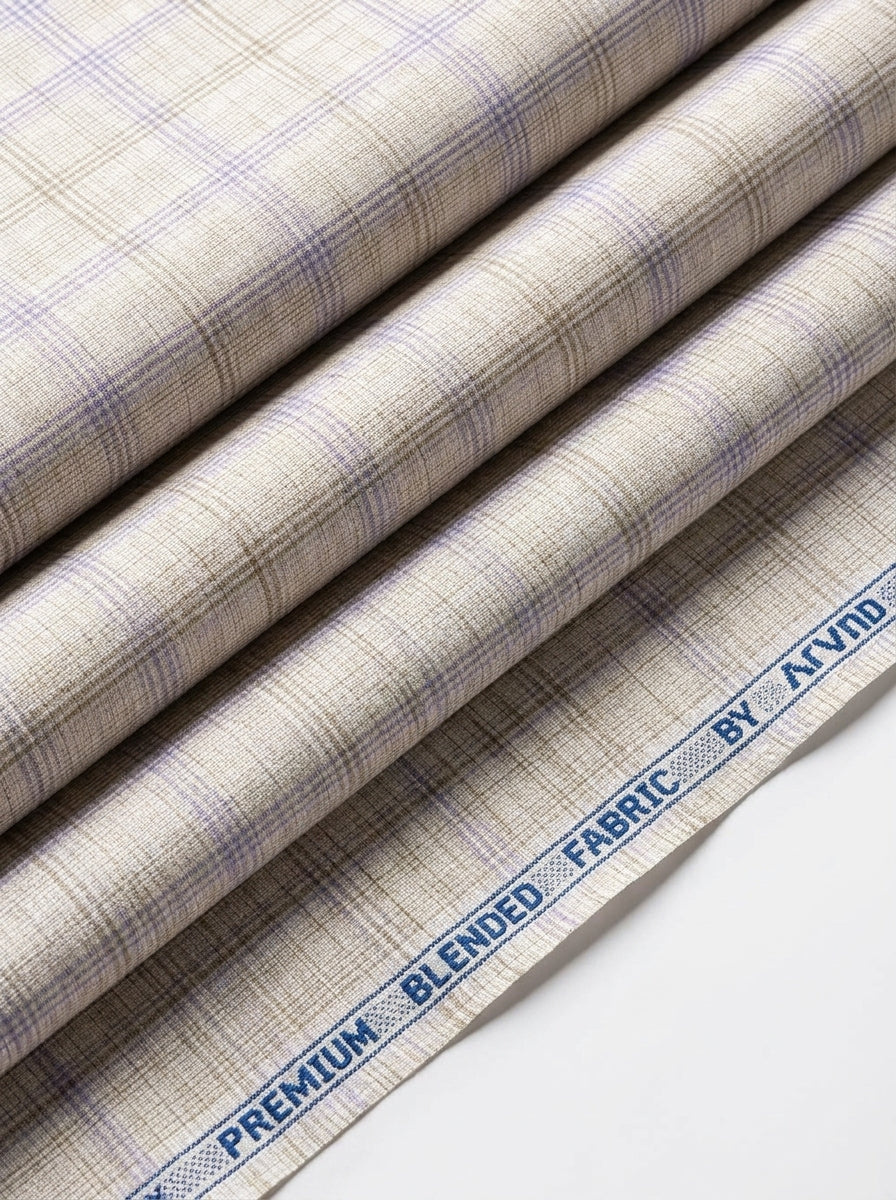 Arvind Checks Unstitched PC Shirting Fabric ( Light Brown with Lavender Checks )