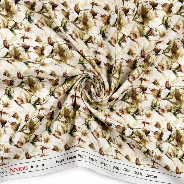 Beige Arvind Tresca shirt fabric with Giza cotton digital print, featuring a swirl pattern on smooth textile material.
