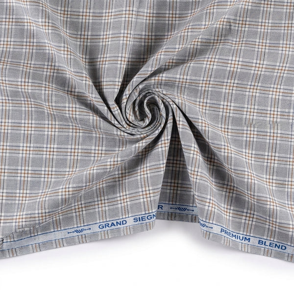 Gray Arvind cotton shirt fabric with checkered pattern, suitable for tailoring or crafting garments.