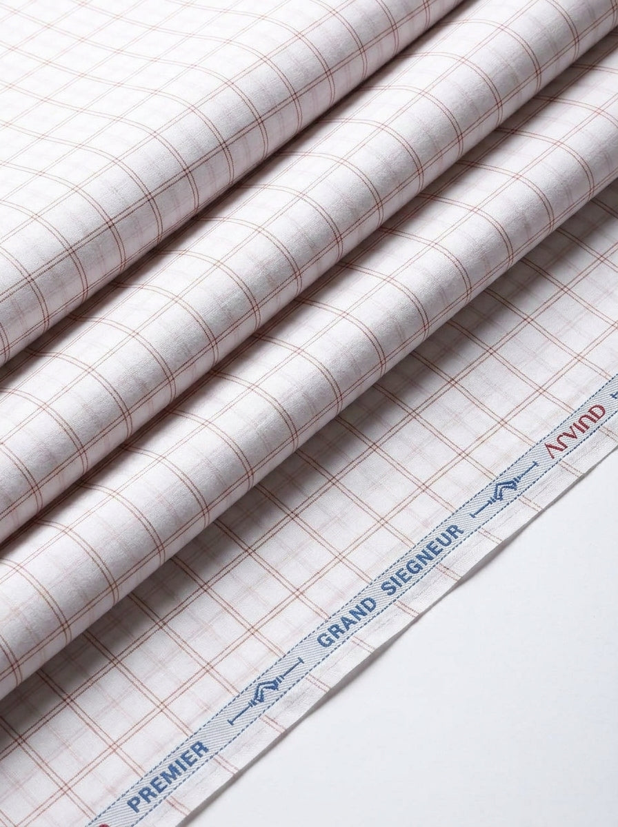 Arvind Cotton Unstitched Checks Shirting Fabric ( Brown Checks on White )