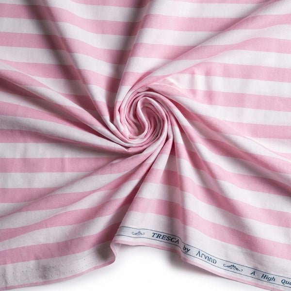 Pink and white striped Arvind Tresca cotton unstitched shirting fabric with a swirl pattern on the surface.