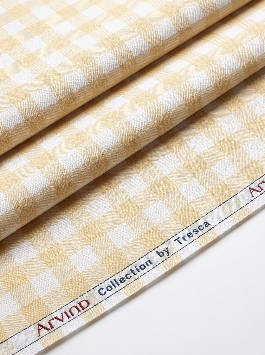 Arvind Tresca Cotton Checks Unstitched Shirting Fabric ( White & Wheat )