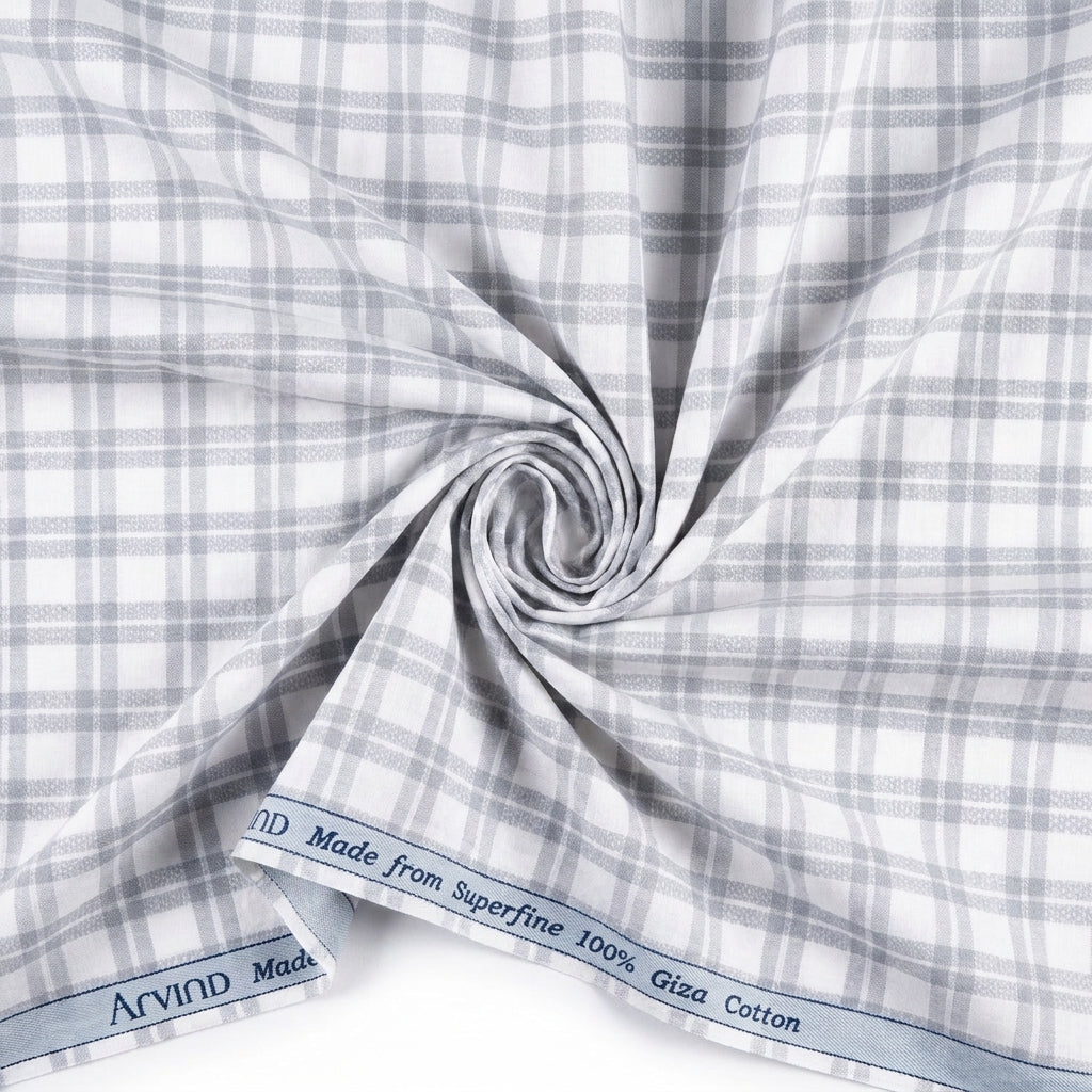 Arvind Tresca Cotton Unstitched Shirting Fabric ( Grey Checks on White )