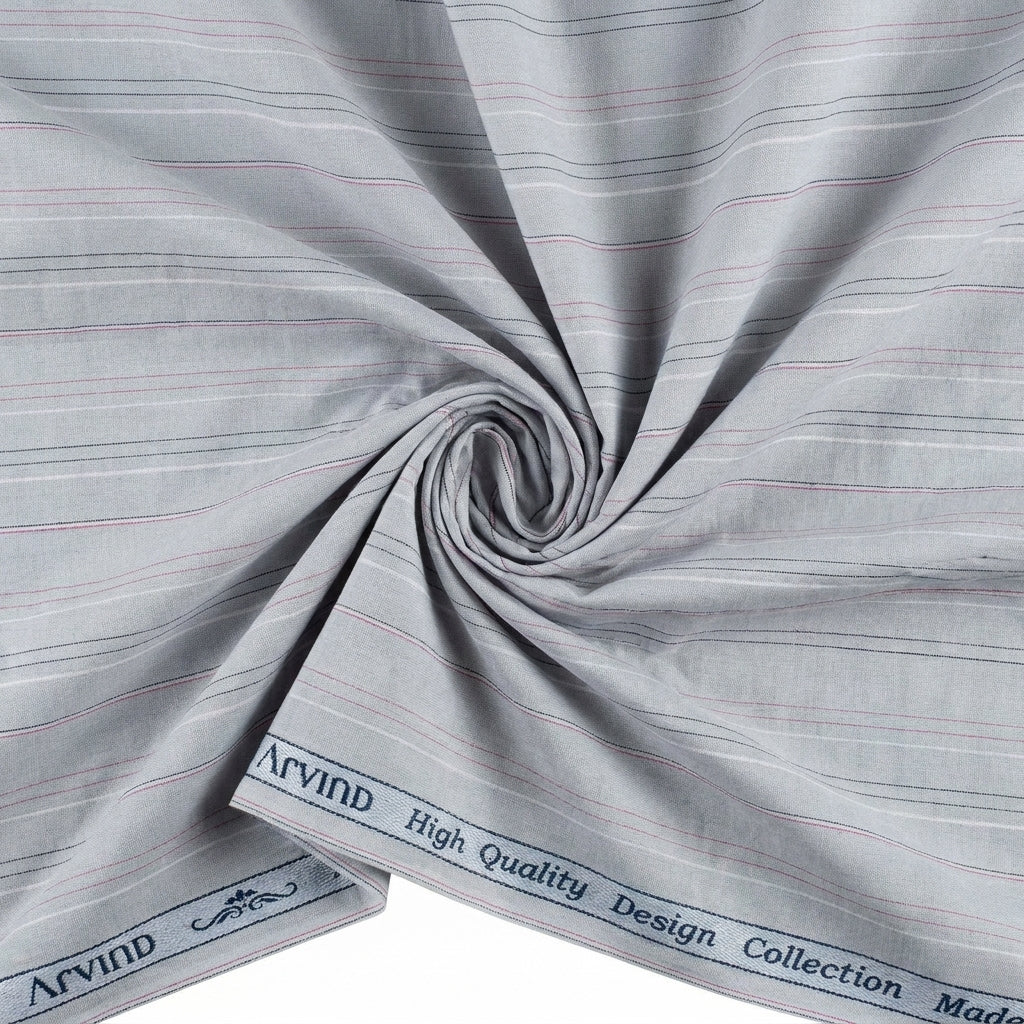 Arvind Tresca Cotton Unstitched Shirting Fabric ( Pink & Black Striped on Grey Background )