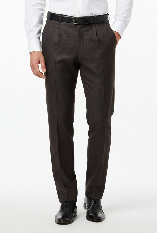 Brown Mafatlal poly viscose trouser and suiting fabric shown in a fabric bolt with a smooth texture and subtle sheen.