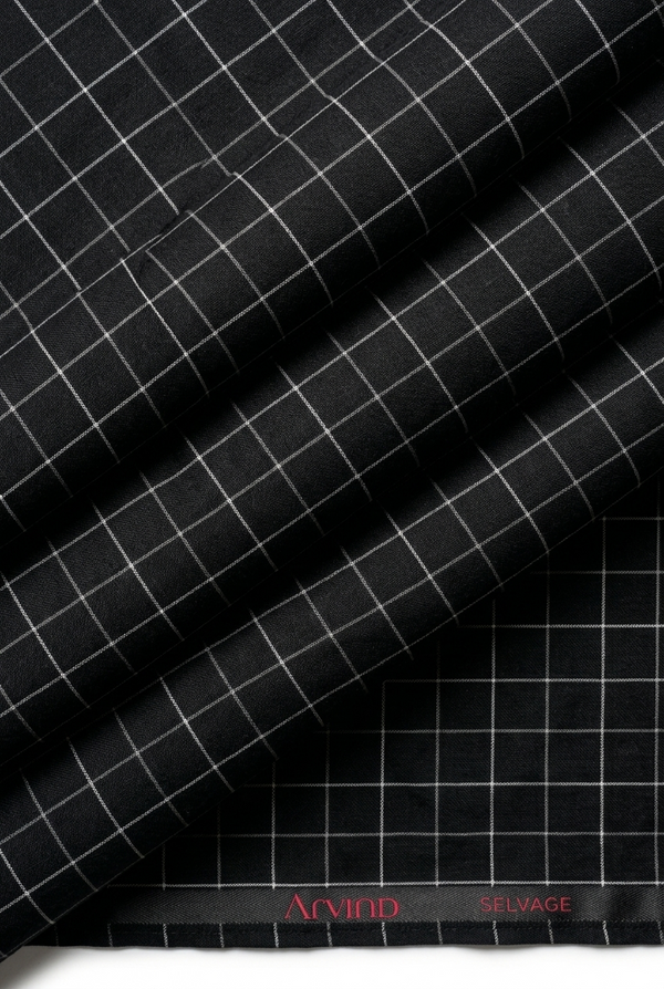 Experience The Luxury of Unstitched Giza Cotton Shirting Fabric By Arvind ( White Checks on Black )