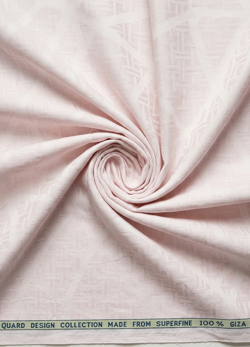 Light pink Arvind Tresca Jacquard cotton shirting fabric, unstitched material with intricate woven patterns for custom clothing.