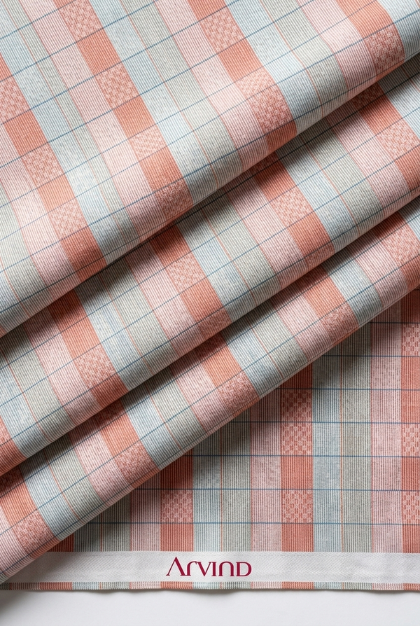 Experience The Luxury of Unstitched Cotton Shirting Fabric By Arvind ( Orange & Green Checks )