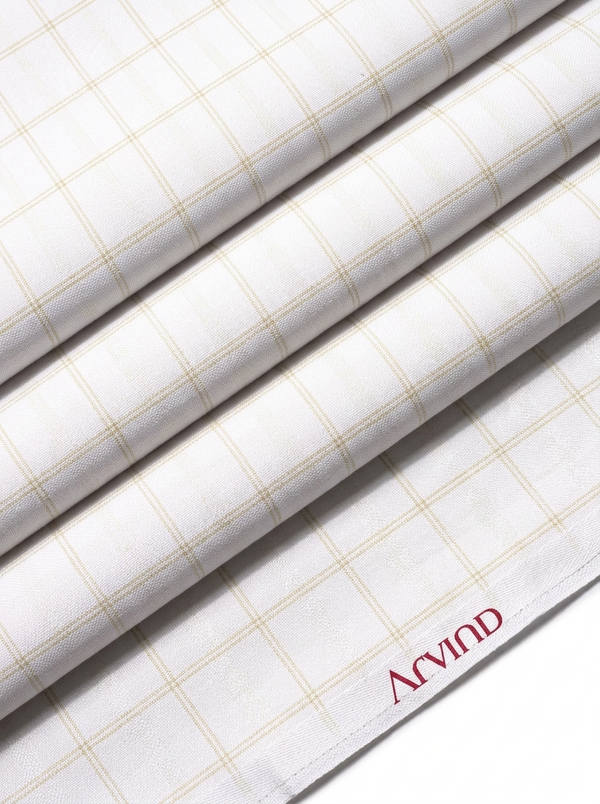 Experience The Luxury of Unstitched Primante Cotton Shirting Fabric By Arvind ( Beige Checks on White )