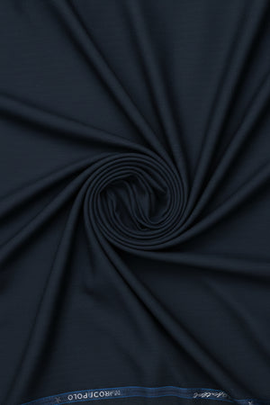 Dark slate blue unstitched poly wool trouser and suiting fabric by Mafatlal, showing textured fabric swatch.