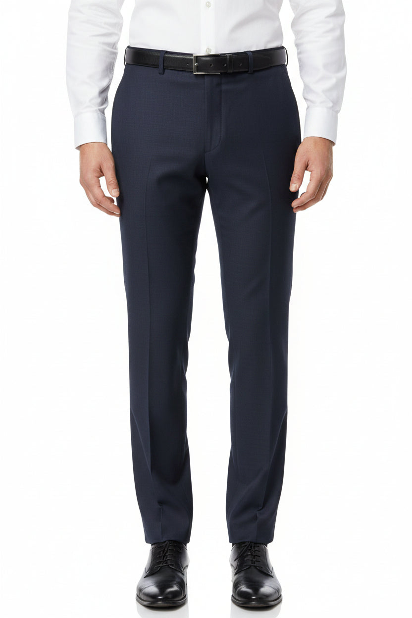 Mafatlal unstitched poly wool trouser and suiting fabric in dark slate blue, shown as a folded fabric swatch.