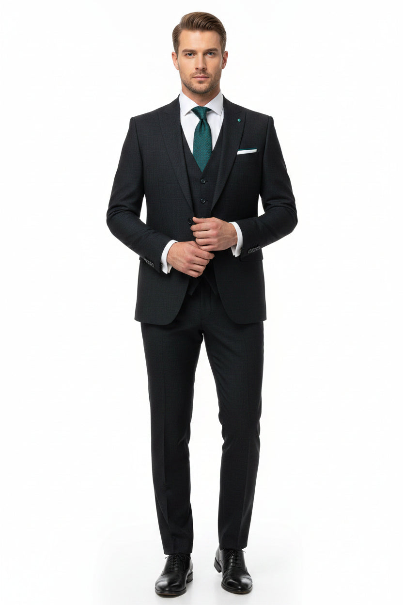 Grey Mafatlal unstitched poly wool trouser and suiting fabric, showing the textured fabric material and detailed weave pattern.