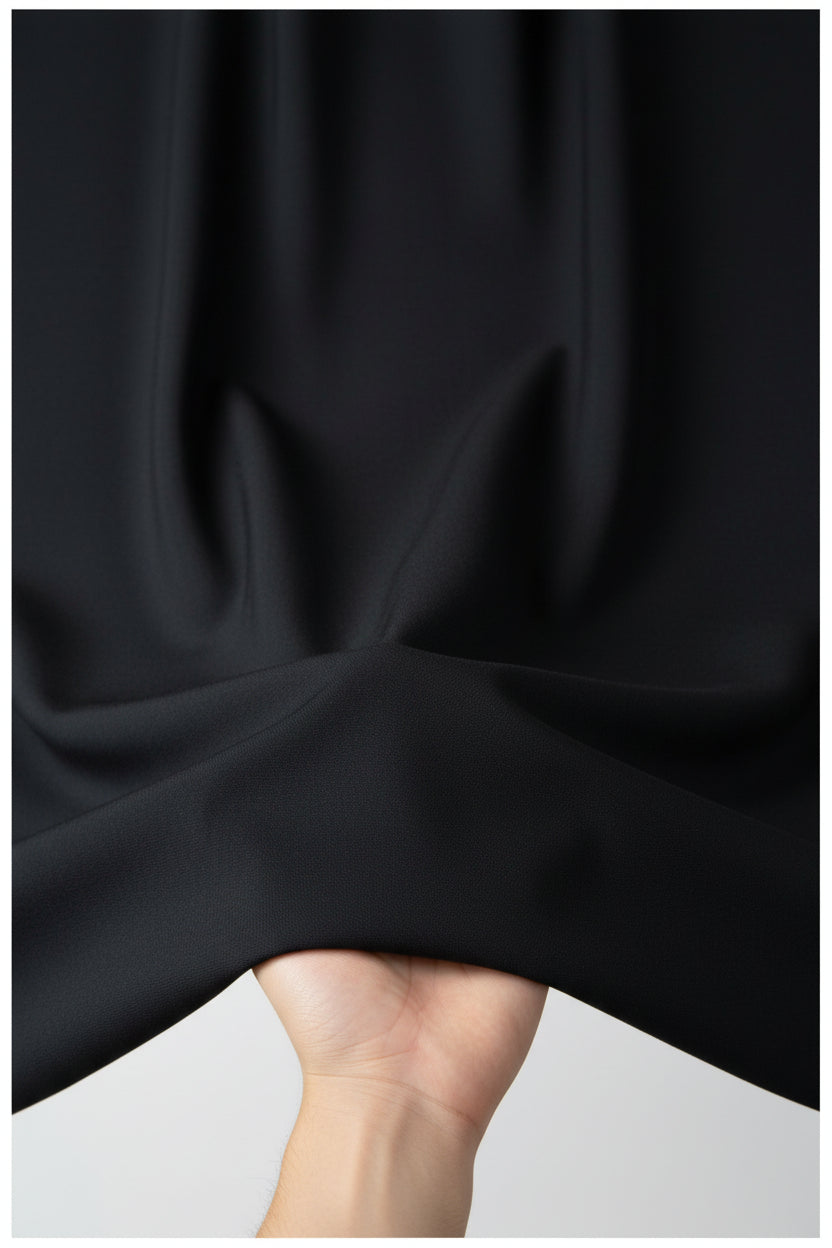 Black Mafatlal Polyviscose trouser and suiting fabric shown, showcasing the textured weave and fabric detail.