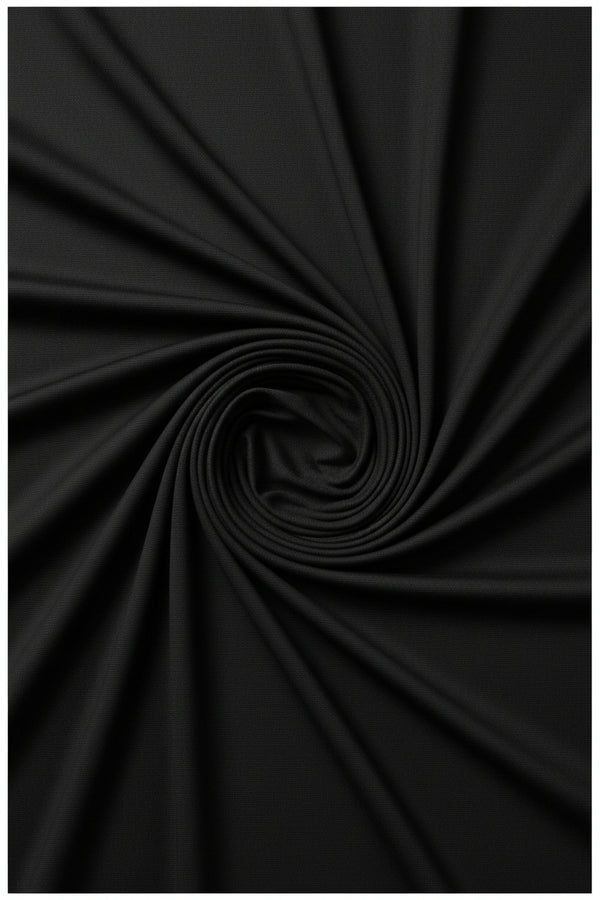 Black Mafatlal Polyviscose trouser and suiting fabric shown in the image with a smooth, woven texture.
