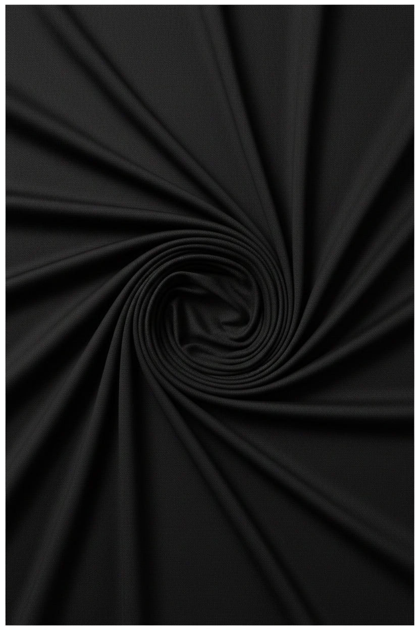 Black Mafatlal Polyviscose trouser and suiting fabric shown in the image with a smooth, woven texture.