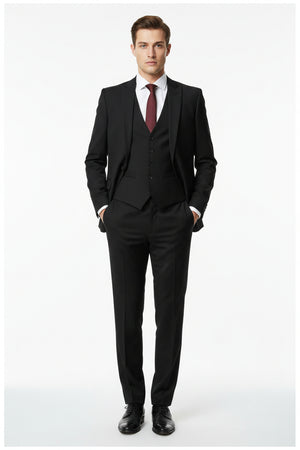 Mafatlal black polyviscose trouser and suiting fabric, close-up of smooth, woven textile material for formal wear.