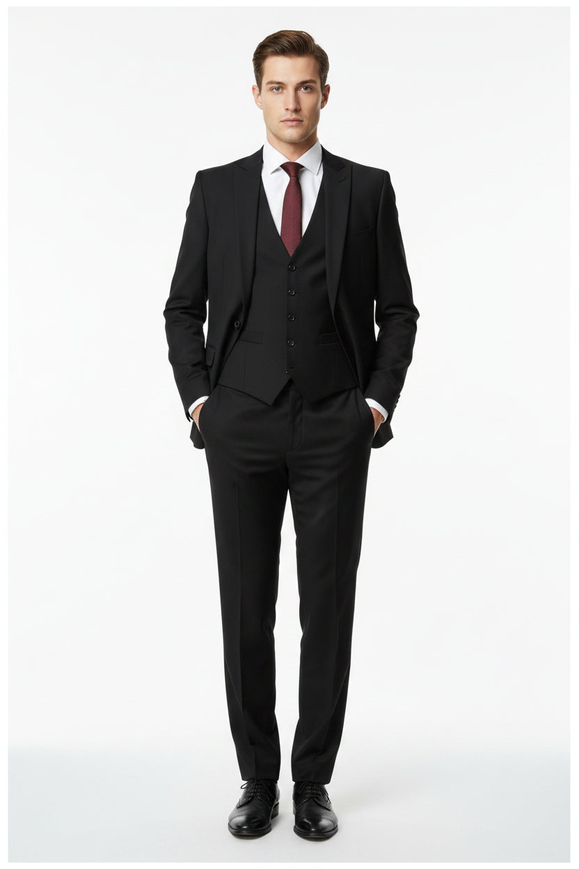 Mafatlal black polyviscose trouser and suiting fabric, close-up of smooth, woven textile material for formal wear.