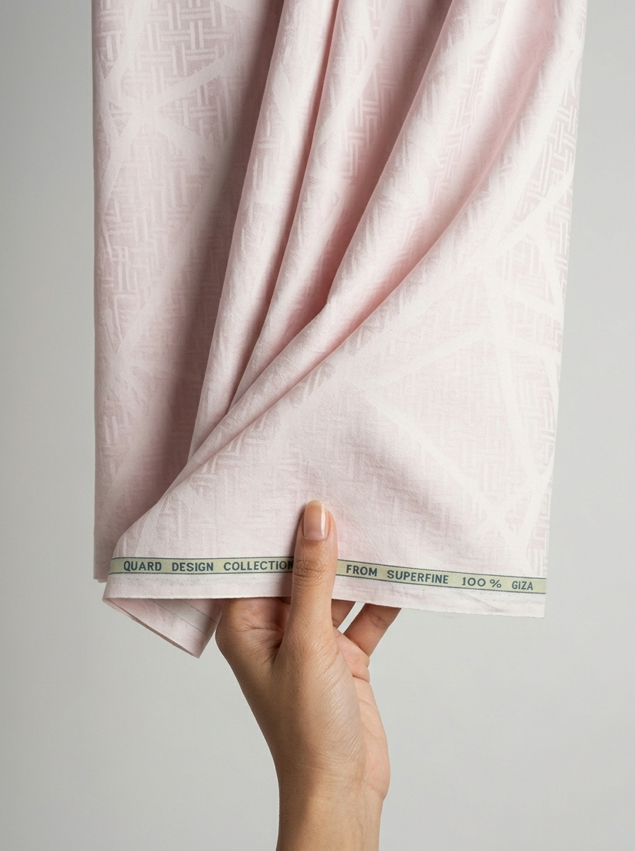 Light pink Arvind Tresca Jacquard cotton unstitched shirting fabric with intricate woven patterns, ideal for custom shirts.