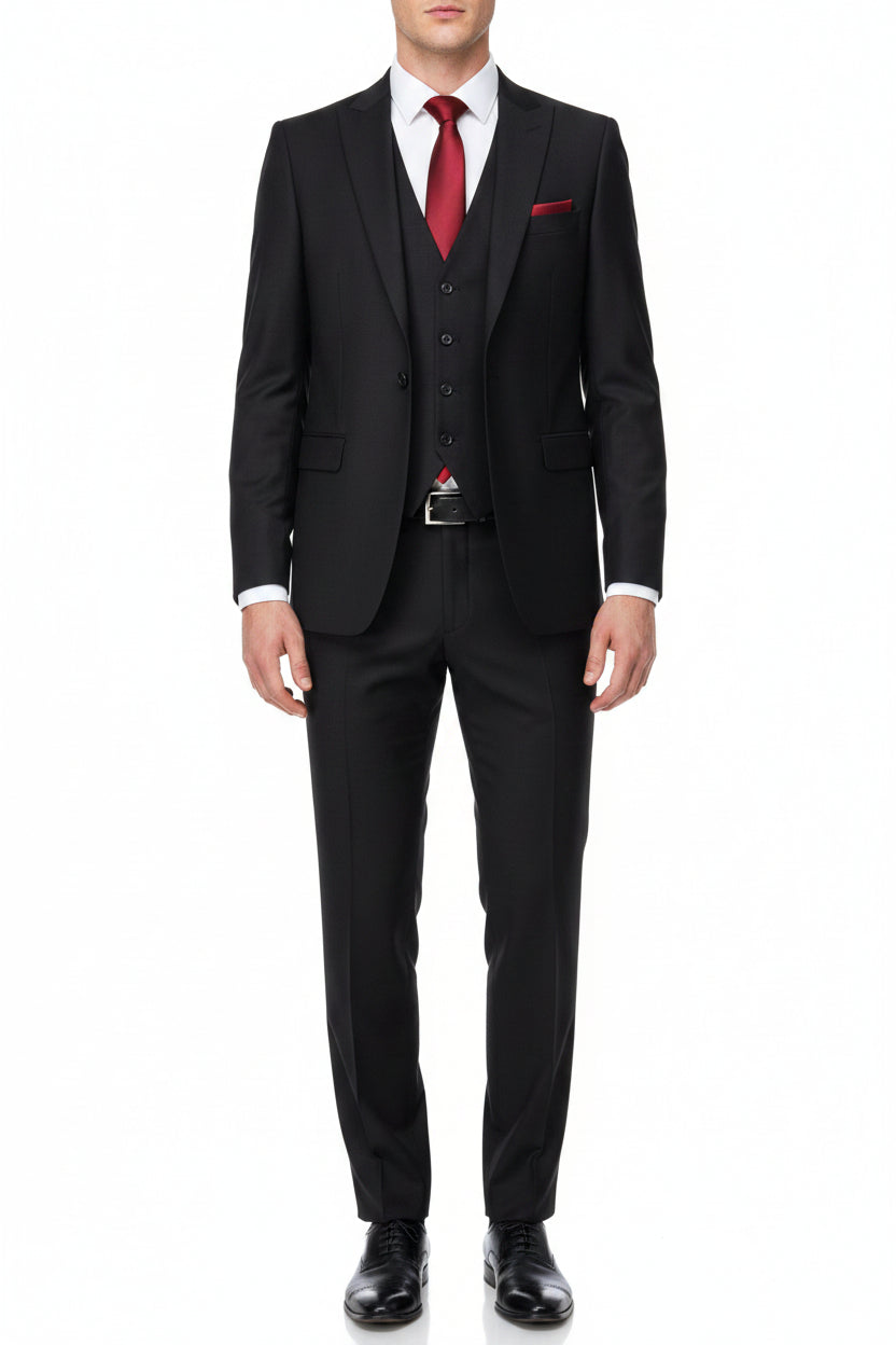 Black Mafatlal Polyviscose trouser and suiting fabric, close-up of smooth woven textile with subtle sheen and fine texture.