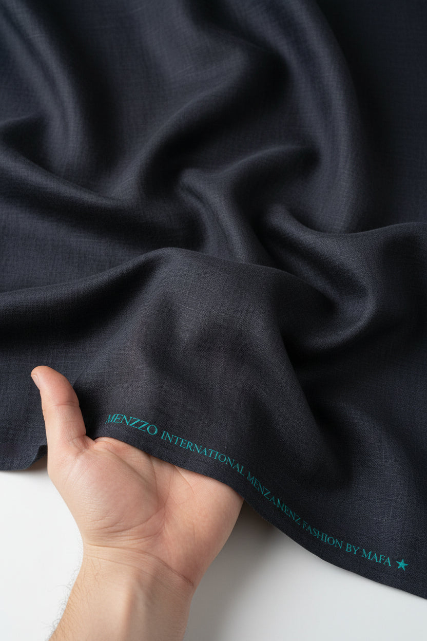 Black Mafatlal Polyviscose trouser and suiting fabric with a smooth, woven texture suitable for formal wear and tailoring.