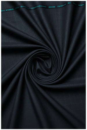 Black Mafatlal Polyviscose trouser and suiting fabric swatch with a smooth texture and subtle sheen.