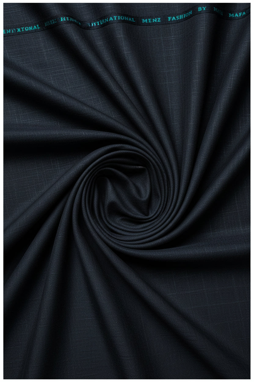 Black Mafatlal Polyviscose trouser and suiting fabric swatch with a smooth texture and subtle sheen.