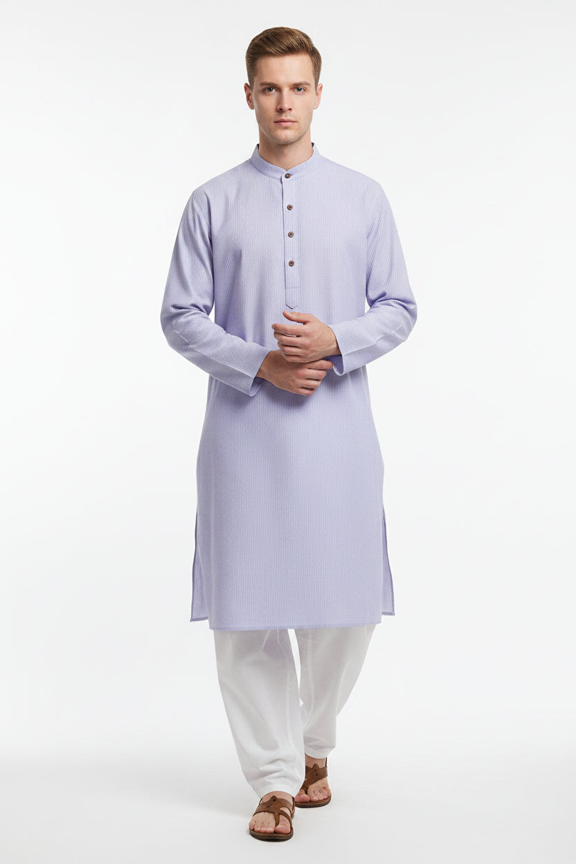 Mafatlal cotton unstitched pinstripe shirting fabric in pervenche blue with subtle pinstripes, ideal for custom shirts or blouses.