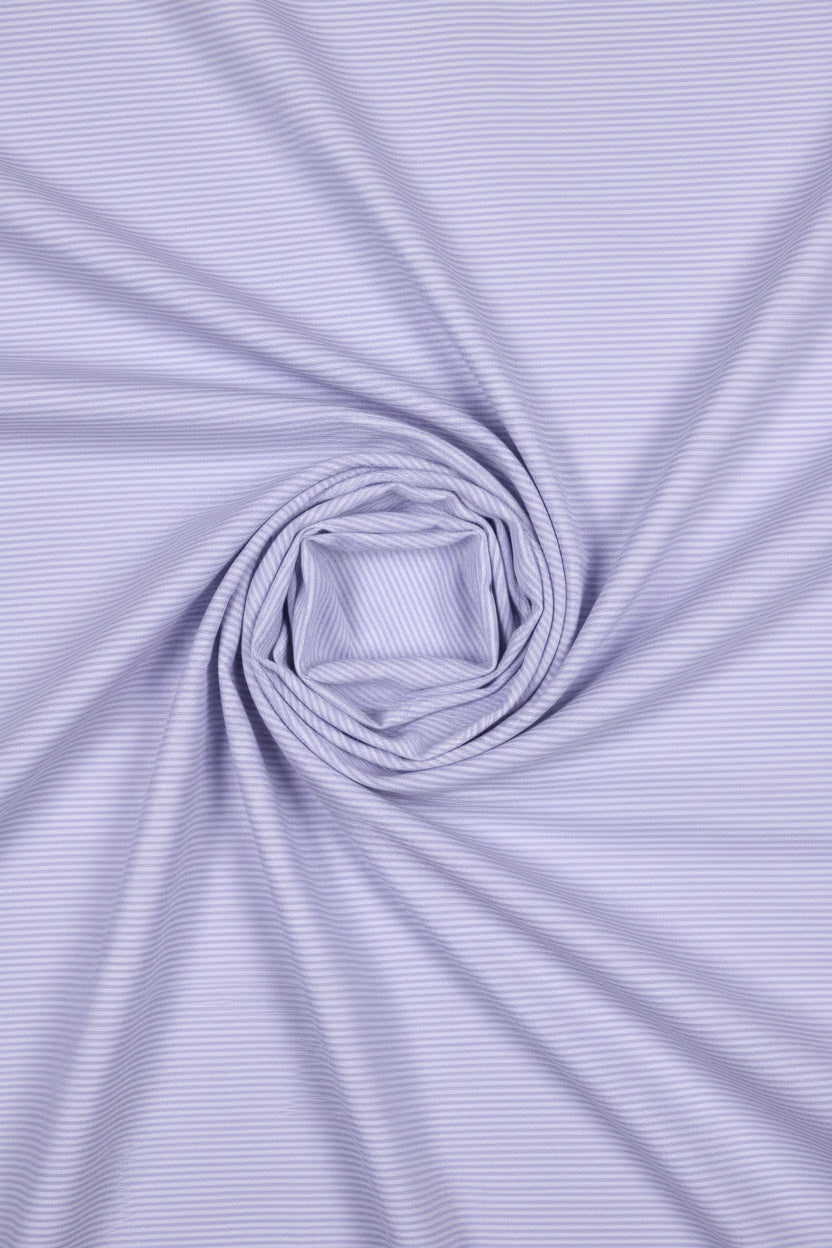 Mafatlal Cotton Unstitched Pinstripes Shirting Fabric in Pervenche Blue, showcasing the fabric's blue pinstripe pattern and cotton texture.