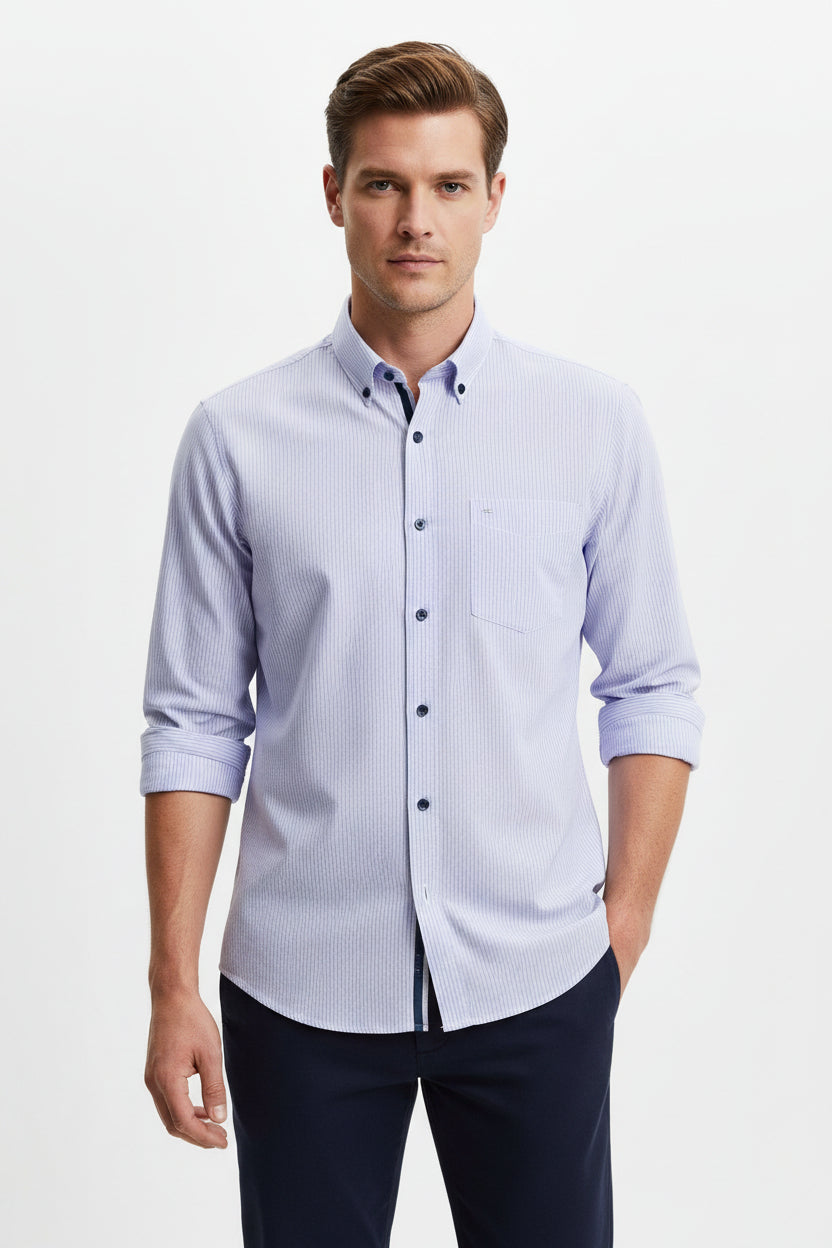 Mafatlal cotton unstitched pinstripes shirting fabric in Pervenche blue with vertical white pinstripes, ideal for tailored shirts.