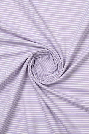 Mafatlal Cotton Unstitched Pinstripes Shirting Fabric in Parma Purple, showing the fabric's pinstripe pattern and soft cotton texture.